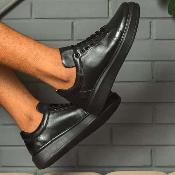 Sapato Casual Masculino Preto Pto Em Couro de Amarrar 5505 Preto+Preto - Imagem 4
